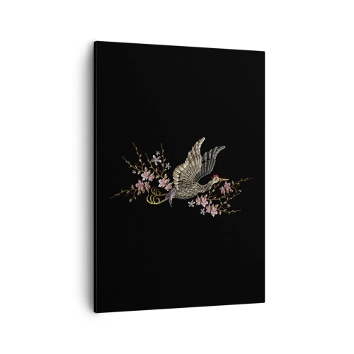 Cuadro sobre lienzo - Impresión de Imagen - Un pájaro en vuelo con flores sobre un fondo negro. - 50x70cm - Ave florida - Decoración de pared moderna para salón y dormitorio ARTTOR