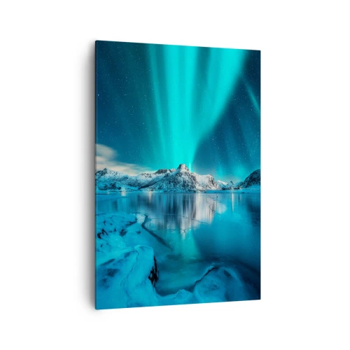 Cuadro sobre lienzo - Impresión de Imagen - Aurora boreal sobre montañas nevadas y un lago - 70x100cm - Una noche de luz - Decoración de pared moderna para salón y dormitorio ARTTOR