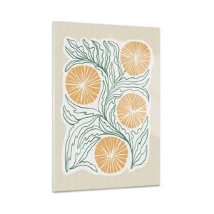 Cuadro sobre vidrio - Impresiones sobre Vidrio - Frutos anaranjados y hojas verdes en una composición gráfica. - 50x70cm - Étnico con un toque de abstracción - Decoración de pared moderna para salón y dormitorio ARTTOR