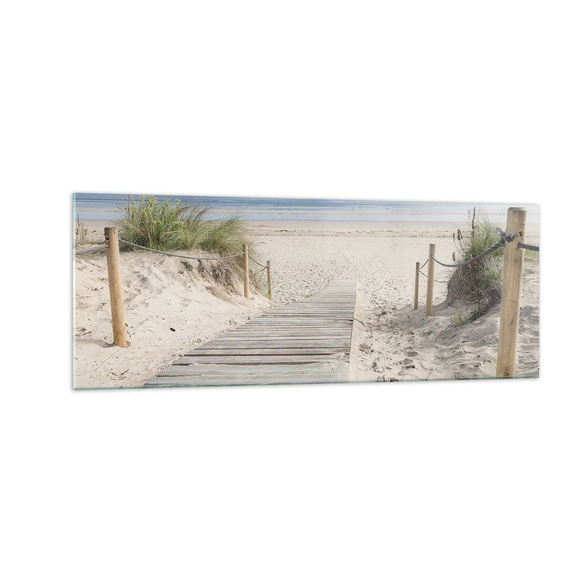 Cuadro sobre vidrio - Impresiones sobre Vidrio - Un camino de tablones que conduce a una playa de arena. - 140x50cm - Hasta el horizonte - Decoración de pared moderna para salón y dormitorio ARTTOR