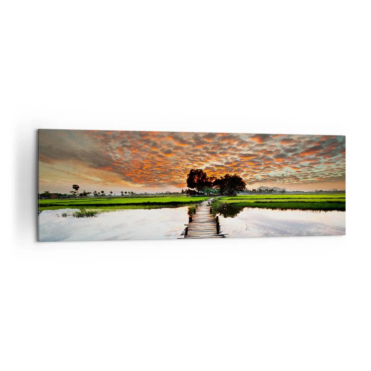 Cuadro sobre lienzo - Impresión de Imagen - Puente de madera sobre el agua al atardecer - 160x50cm - Extiende tus brazos - respira  - Decoración de pared moderna para salón y dormitorio ARTTOR