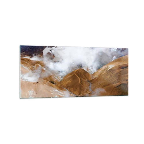 Cuadro sobre vidrio - Impresiones sobre Vidrio - Un paisaje de montaña con vapor en un clima duro. - 120x50cm - La dura belleza de Islandia - Decoración de pared moderna para salón y dormitorio ARTTOR