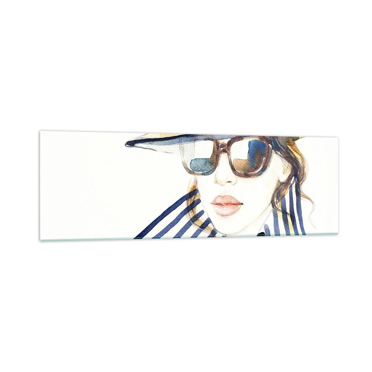 Cuadro sobre vidrio - Impresiones sobre Vidrio - Retrato de una mujer con sombrero y gafas de sol. - 160x50cm - ¡Florida le da la bienvenida! - Decoración de pared moderna para salón y dormitorio ARTTOR