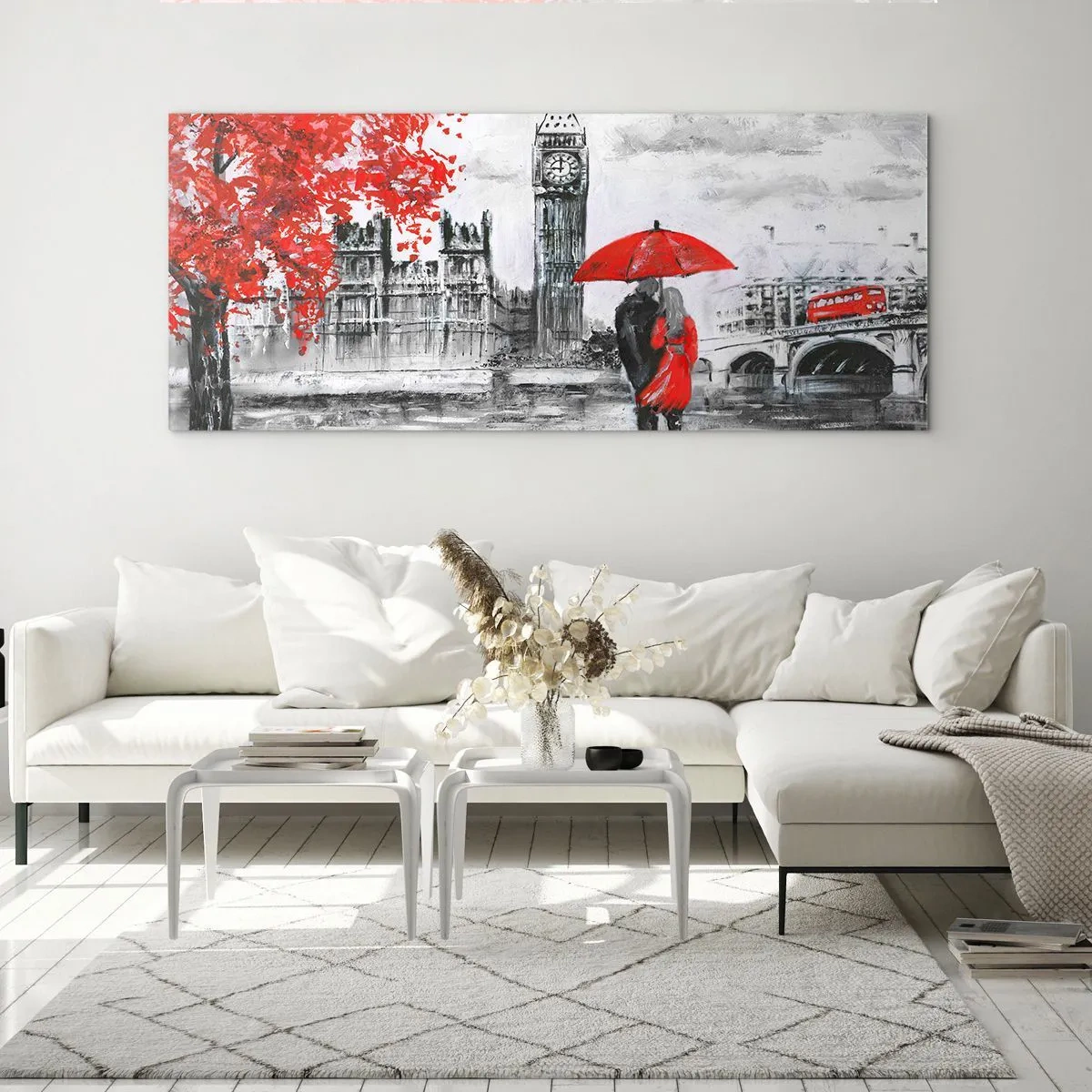Cuadro sobre vidrio - Impresiones sobre Vidrio - Escena romántica con el Big Ben y un paraguas rojo. - 140x50cm - Londres enamora - Decoración de pared moderna para salón y dormitorio ARTTOR