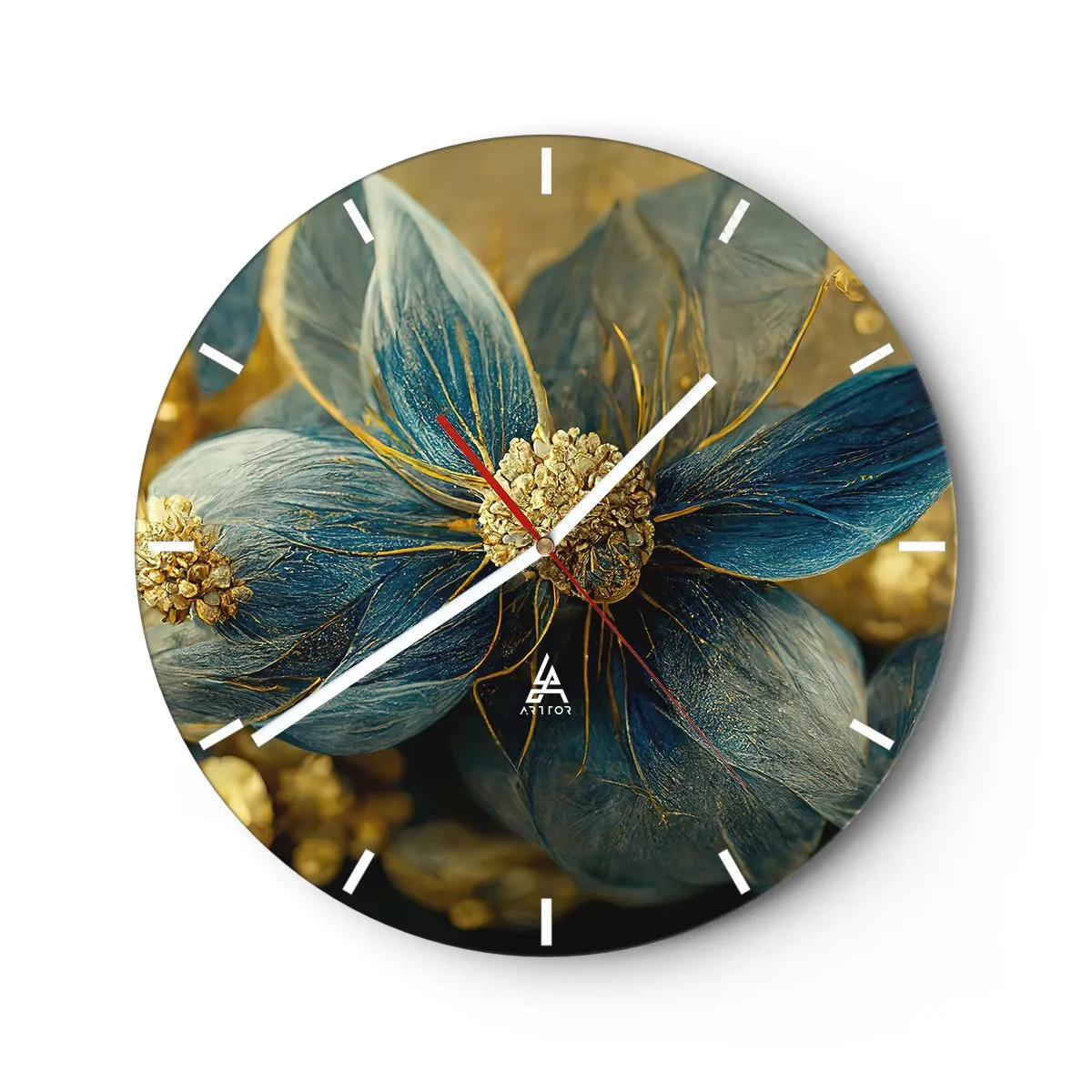 Reloj de pared - Reloj de vidrio - Una flor en colores dorado y azul. - 30x30cm - Flor de oro - Decoración de pared moderna para salón, cocina y dormitorio ARTTOR