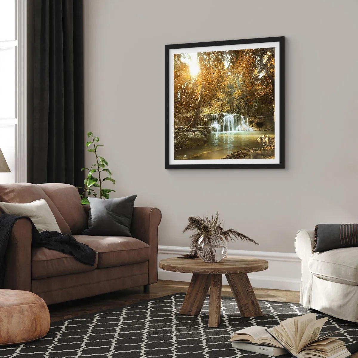 Póster en marco negro - Una cascada en el parque - 30x30 cm