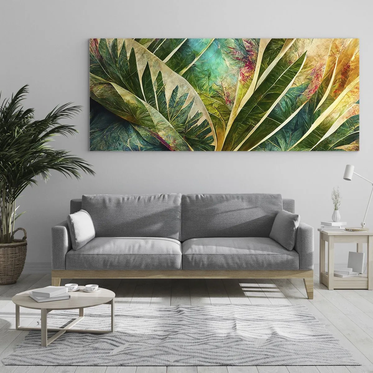 Cuadro sobre vidrio - Impresiones sobre Vidrio - Hojas tropicales coloridas sobre un fondo claro - 160x50cm - Los colores del trópico - Decoración de pared moderna para salón y dormitorio ARTTOR