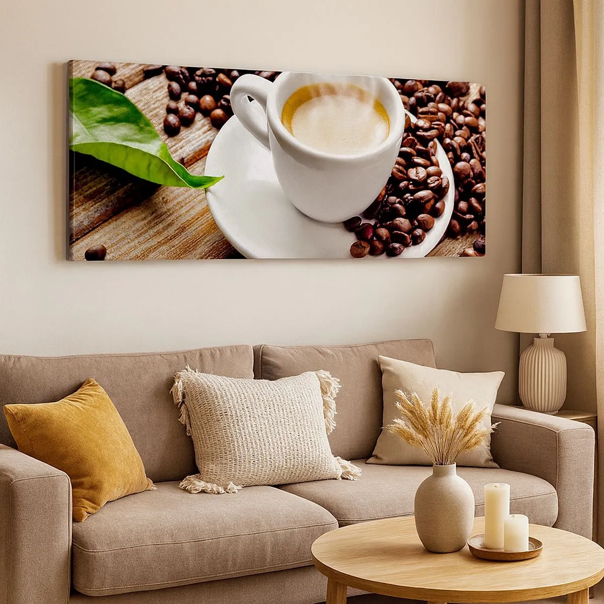Cuadro sobre lienzo - Impresión de Imagen - Café en el banco - 100x40 cm