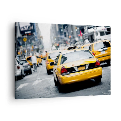 Cuadro sobre lienzo - Impresión de Imagen - Taxis amarillos en una concurrida calle de la ciudad en el centro de la metrópoli. - 70x50cm - Solo en esta ciudad - Decoración de pared moderna para salón y dormitorio ARTTOR