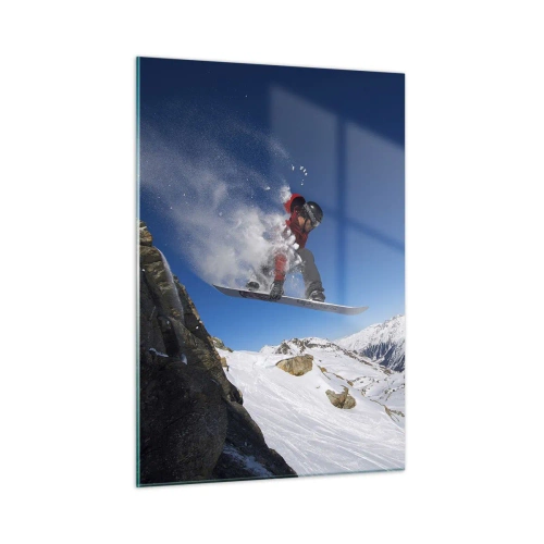 Cuadro sobre vidrio - Impresiones sobre Vidrio - Un snowboarder salta con un telón de fondo de montaña. - 50x70cm - Y te convertiste en parte del lugar - Decoración de pared moderna para salón y dormitorio ARTTOR