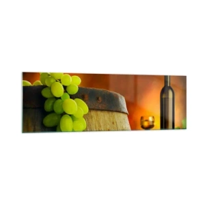 Cuadro sobre vidrio - Impresiones sobre Vidrio - Uvas en un barril de vino con un esquema de colores cálidos en el fondo. - 160x50cm - Bodegón con botella de vino y racimo de uvas - Decoración de pared moderna para salón y dormitorio ARTTOR