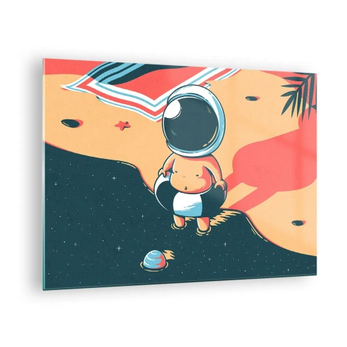 Cuadro sobre vidrio - Impresiones sobre Vidrio - Figura de astronauta en una playa con un paisaje cósmico. - 70x50cm - Desde una perspectiva diferente - Decoración de pared moderna para salón y dormitorio ARTTOR