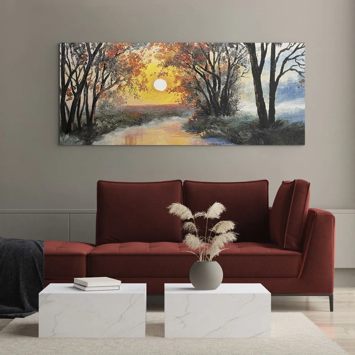 Cuadro sobre vidrio - Impresiones sobre Vidrio - Puesta de sol sobre el río en un paisaje otoñal - 120x50cm - Ambiente otoñal - Decoración de pared moderna para salón y dormitorio ARTTOR