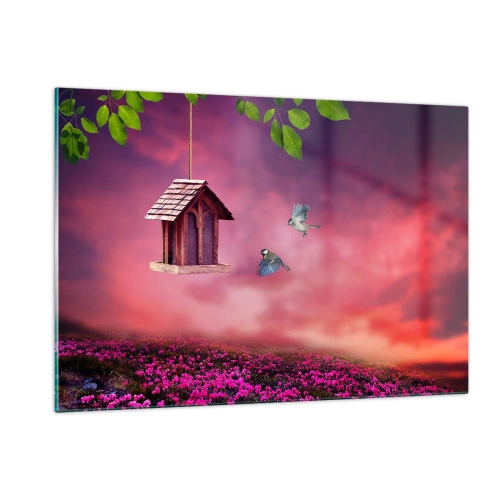 Cuadro sobre vidrio - Impresiones sobre Vidrio - Un comedero para pájaros contra un cielo rosado. - 120x80cm - Invitación a una cena - Decoración de pared moderna para salón y dormitorio ARTTOR