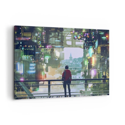 Cuadro sobre lienzo - Impresión de Imagen - Una figura en una ciudad futurista con luces de neón. - 100x70cm - Dos mundos - Decoración de pared moderna para salón y dormitorio ARTTOR
