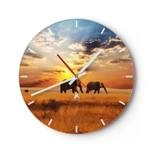 Reloj de pared - Reloj de vidrio - Elefantes caminando por la sabana al atardecer - 30x30cm - Un paseo en familia - Decoración de pared moderna para salón, cocina y dormitorio ARTTOR