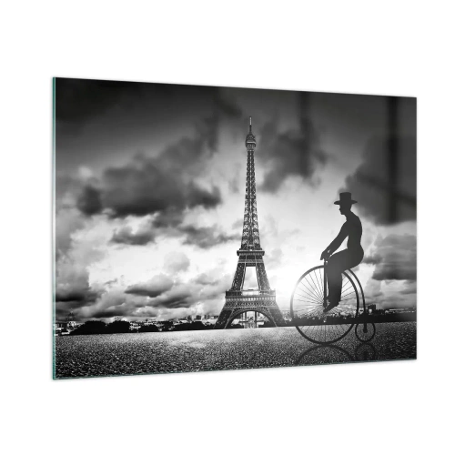 Cuadro sobre vidrio - Impresiones sobre Vidrio - Torre Eiffel con bicicleta retro en blanco y negro - 100x70cm - Añoranza de la Belle Epoque - Decoración de pared moderna para salón y dormitorio ARTTOR