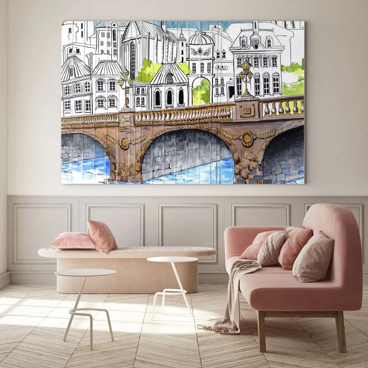Cuadro sobre vidrio - Impresiones sobre Vidrio - El puente y la arquitectura urbana en forma de boceto de acuarela. - 70x50cm - Una ciudad de dibujo - Decoración de pared moderna para salón y dormitorio ARTTOR