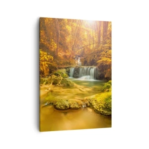 Cuadro sobre lienzo - Impresión de Imagen - Una cascada dorada en un bosque otoñal rodeado de vegetación. - 50x70cm - Cascada forestal en oro - Decoración de pared moderna para salón y dormitorio ARTTOR