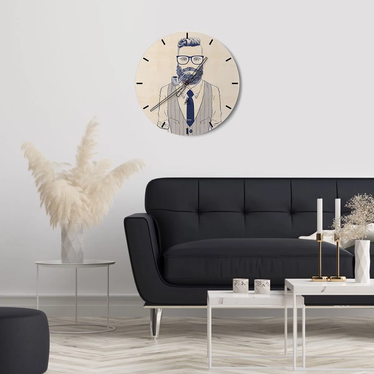 Reloj de pared - Reloj de vidrio - Imagen hipster de un hombre barbudo con una pipa - 30x30cm - Alegre, masculino y a la moda - Decoración de pared moderna para salón, cocina y dormitorio ARTTOR