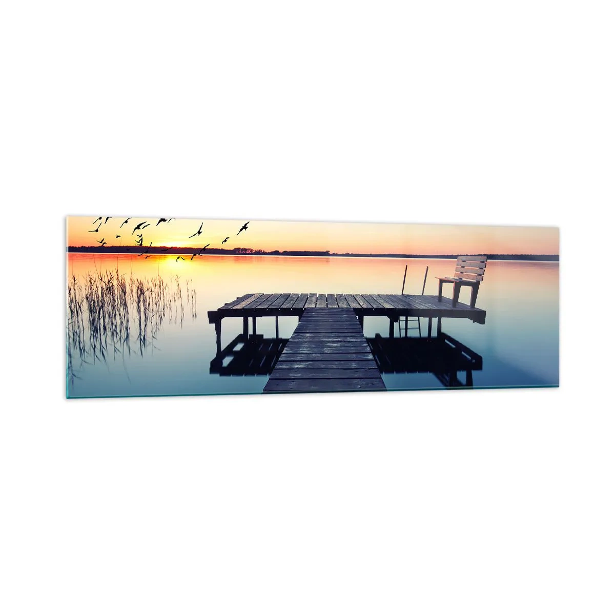 Cuadro sobre vidrio - Impresiones sobre Vidrio - Muelle de madera en un lago al amanecer con pájaros - 160x50cm - Fue un buen día - Decoración de pared moderna para salón y dormitorio ARTTOR