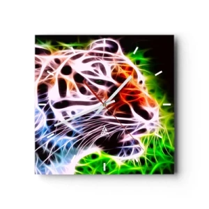 Reloj de pared - Reloj de vidrio - Retrato artístico colorido de un tigre en estilo neón sobre fondo negro. - 30x30cm - Un aura amenazante - Decoración de pared moderna para salón y dormitorio ARTTOR