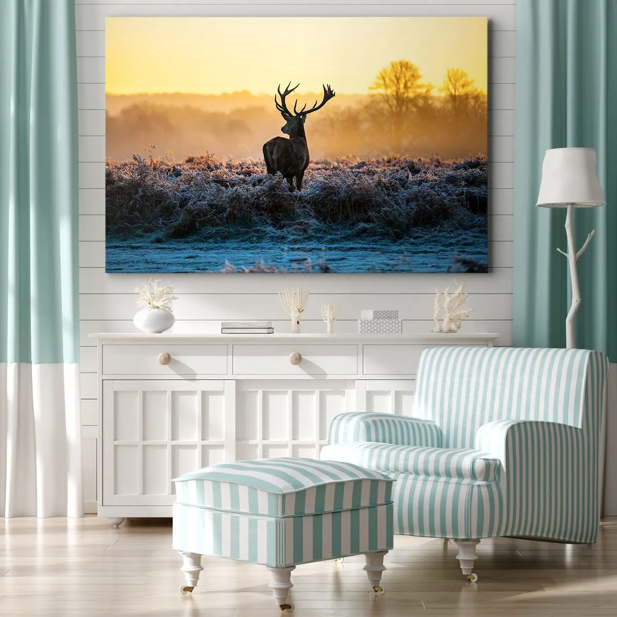 Cuadro sobre lienzo - Impresión de Imagen - Un ciervo en un claro helado al amanecer. - 70x50cm - Coronado en sus propios dominios - Decoración de pared moderna para salón y dormitorio ARTTOR