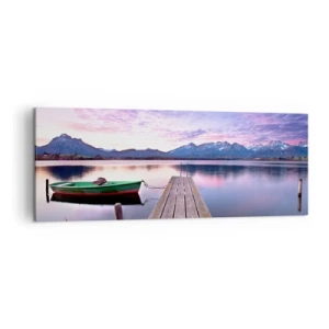 Cuadro sobre lienzo - Impresión de Imagen - Un muelle de madera con un barco en un lago rodeado de montañas al atardecer. - 140x50cm - Un silencio amistoso - Decoración de pared moderna para salón y dormitorio ARTTOR