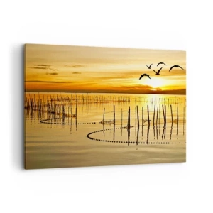Cuadro sobre lienzo - Impresión de Imagen - Puesta de sol sobre el agua con pájaros en vuelo - 100x70cm - Horizonte naranja - Decoración de pared moderna para salón y dormitorio ARTTOR