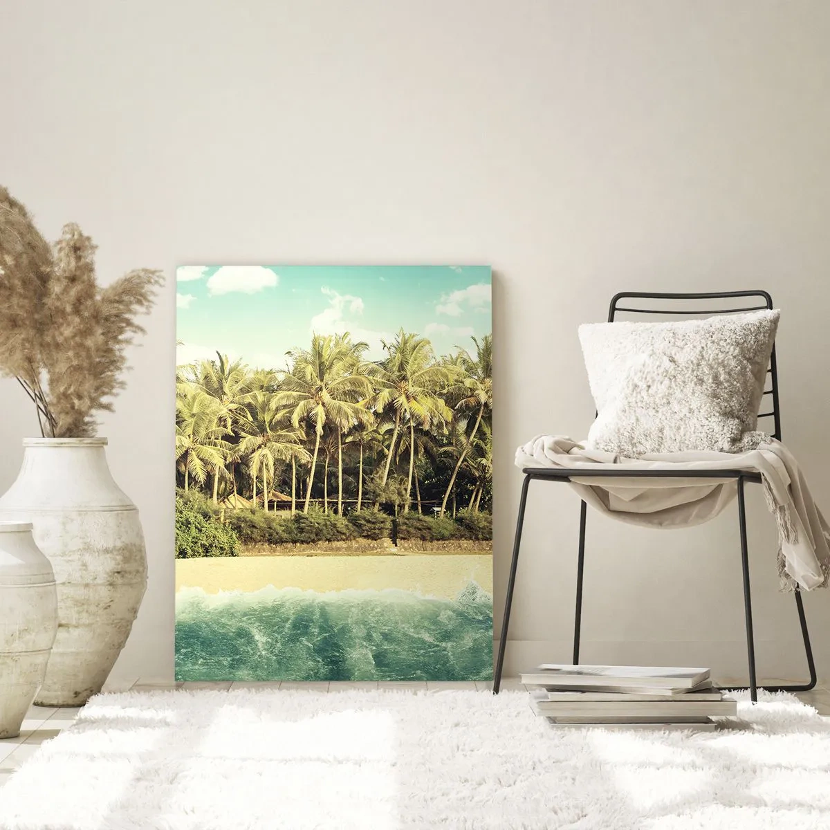 Cuadro sobre vidrio - Impresiones sobre Vidrio - Una playa exótica con palmeras y un mar turquesa en un día soleado. - 50x70cm - ¿Qué tal aquí? - Decoración de pared moderna para salón y dormitorio ARTTOR