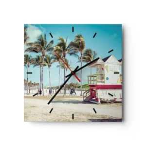 Reloj de pared - Reloj de vidrio - Una playa con palmeras y una torre de salvavidas al fondo. - 30x30cm - Un hermoso día por delante - Decoración de pared moderna para salón y dormitorio ARTTOR