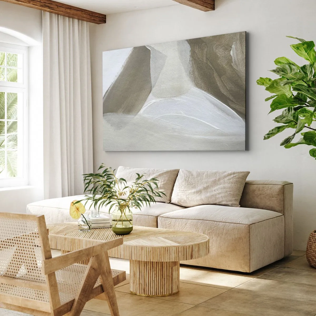 Cuadro sobre lienzo - Impresión de Imagen - Abstracción delicada en tonos beige y blanco. - 120x80cm - Ola de blanco - Decoración de pared moderna para salón y dormitorio ARTTOR