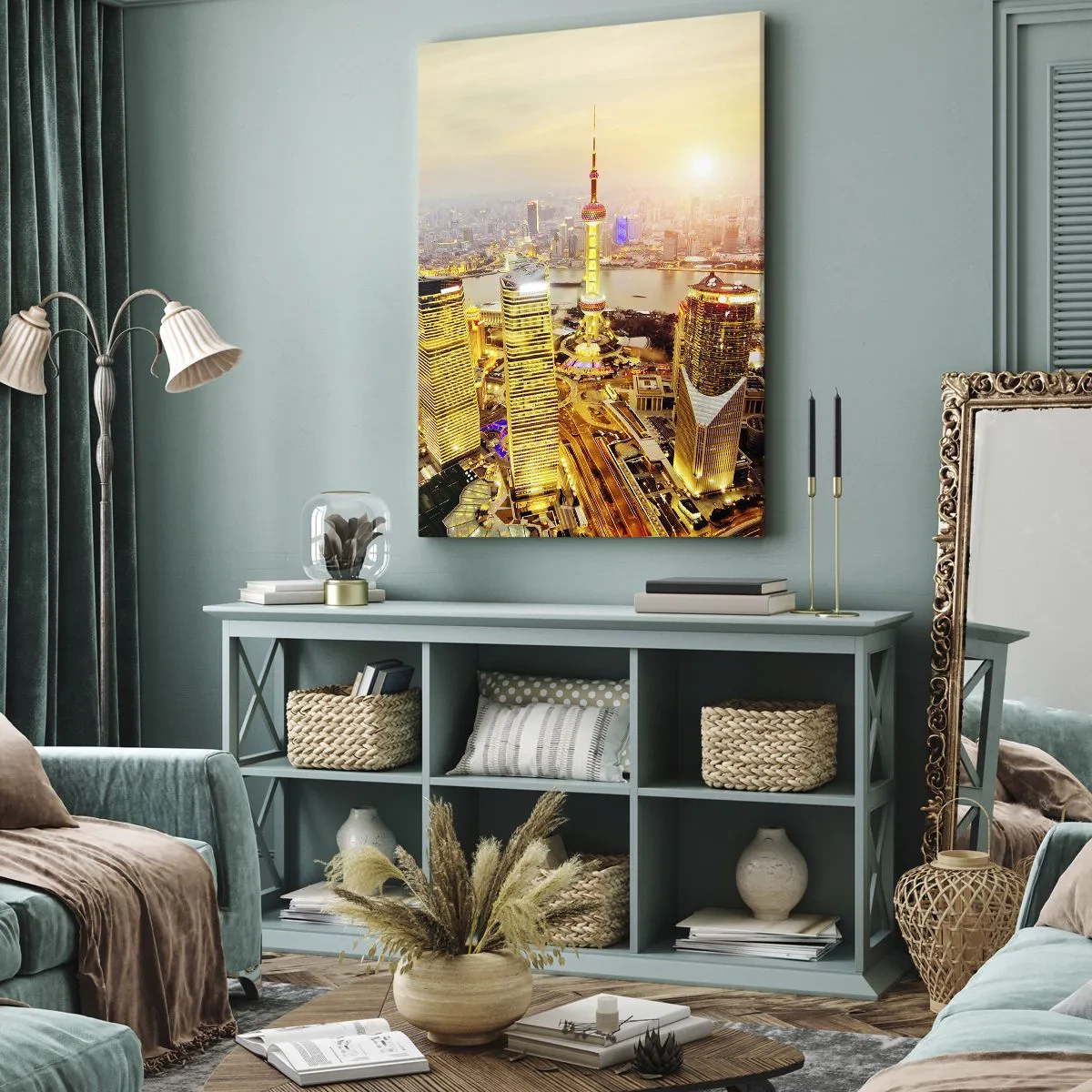 Cuadro sobre lienzo - Impresión de Imagen - Panorama de la ciudad con rascacielos al atardecer - 70x100cm - Sueño asiático - Decoración de pared moderna para salón y dormitorio ARTTOR