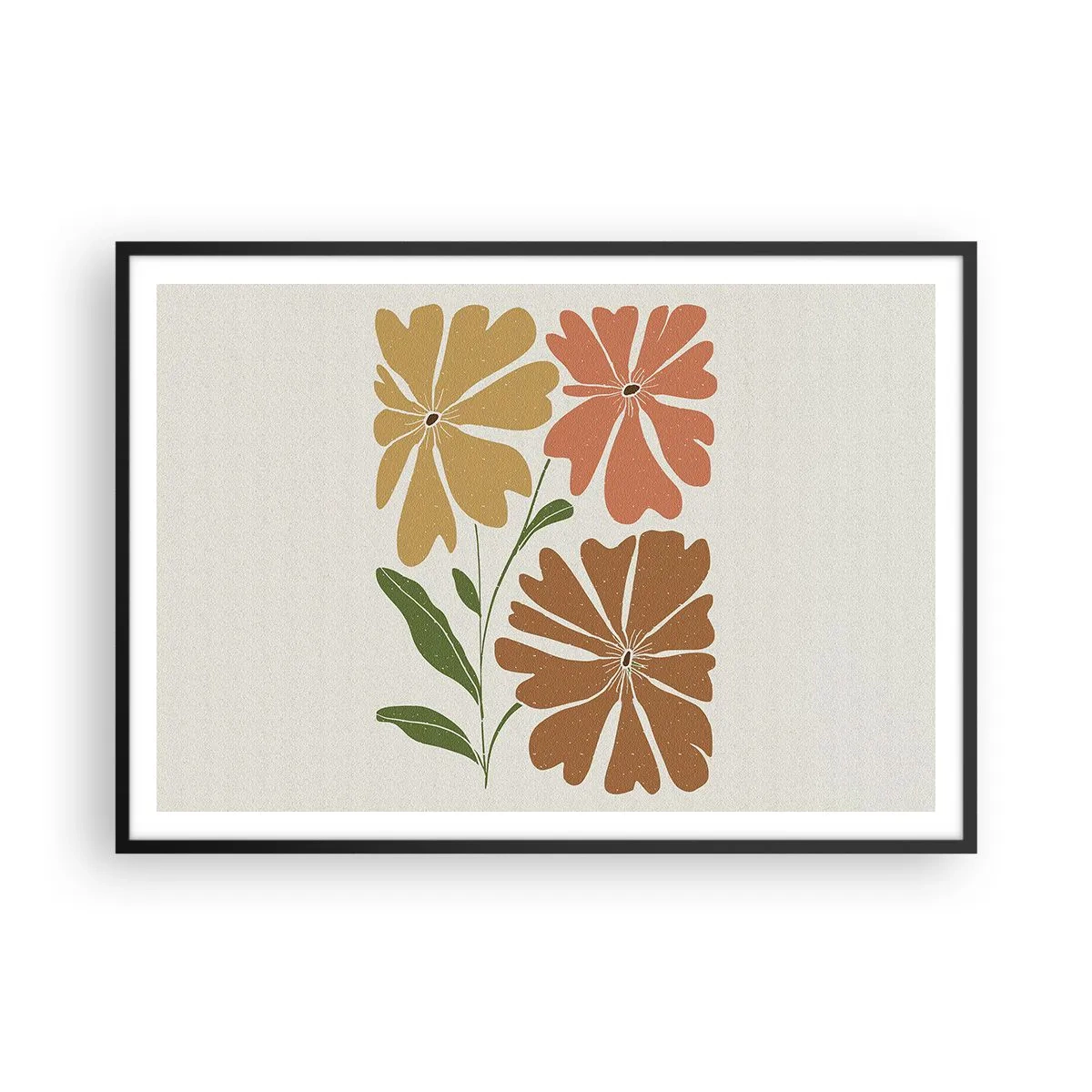 Póster en marco negro - Tres flores en colores cálidos sobre un fondo claro. - 100x70cm - Naturaleza y geometría - Decoración de pared moderna para salón y dormitorio ARTTOR