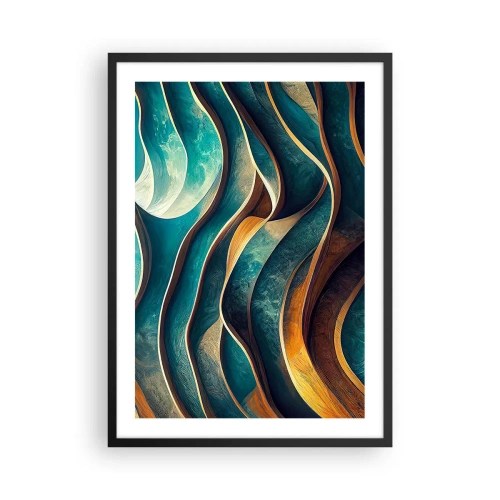 Póster en marco negro - Una composición abstracta de formas onduladas en tonos turquesa. - 50x70cm - Meandros de azul - Decoración de pared moderna para salón y dormitorio ARTTOR