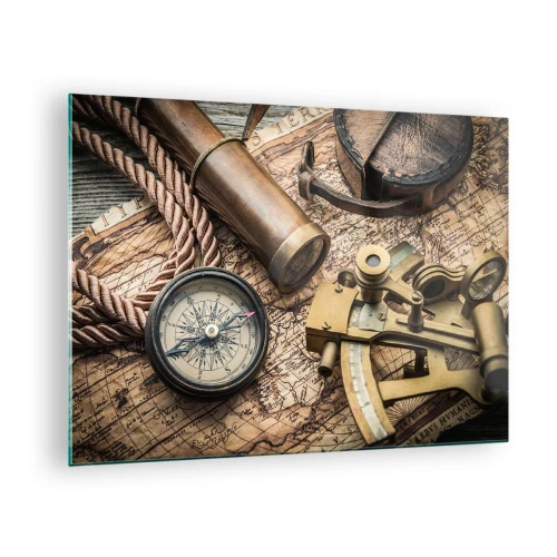 Cuadro sobre vidrio - Impresiones sobre Vidrio - Brújula, mapa y ayudas para la navegación de estilo retro - 70x50cm - Establecer un rumbo - Decoración de pared moderna para salón y dormitorio ARTTOR