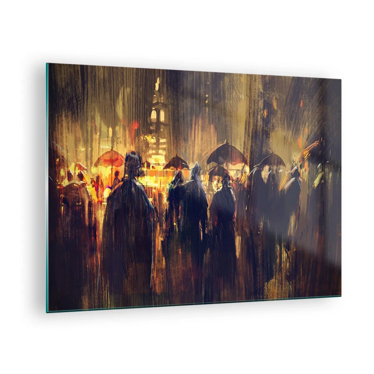 Cuadro sobre vidrio - Impresiones sobre Vidrio - Una multitud con paraguas bajo la lluvia con el telón de fondo de las luces de la ciudad. - 70x50cm - Seguidores de la lluvia - Decoración de pared moderna para salón y dormitorio ARTTOR