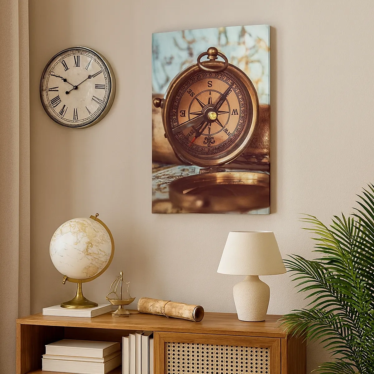 Cuadro sobre lienzo - Impresión de Imagen - Un conjunto retro con brújula, telescopio y mapa con temática de viajes. - 50x70cm - Te espera una aventura pirata en el Caribe - Decoración de pared moderna para salón y dormitorio ARTTOR