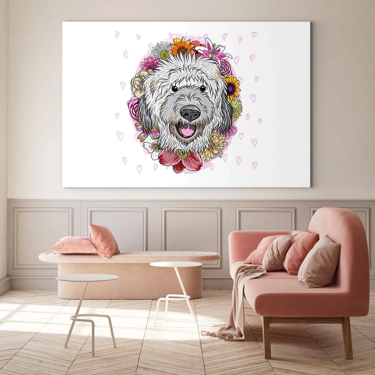Cuadro sobre vidrio - Impresiones sobre Vidrio - Ilustración de un perro rodeado de flores. - 100x70cm - Alegría de cachorro - Decoración de pared moderna para salón y dormitorio ARTTOR