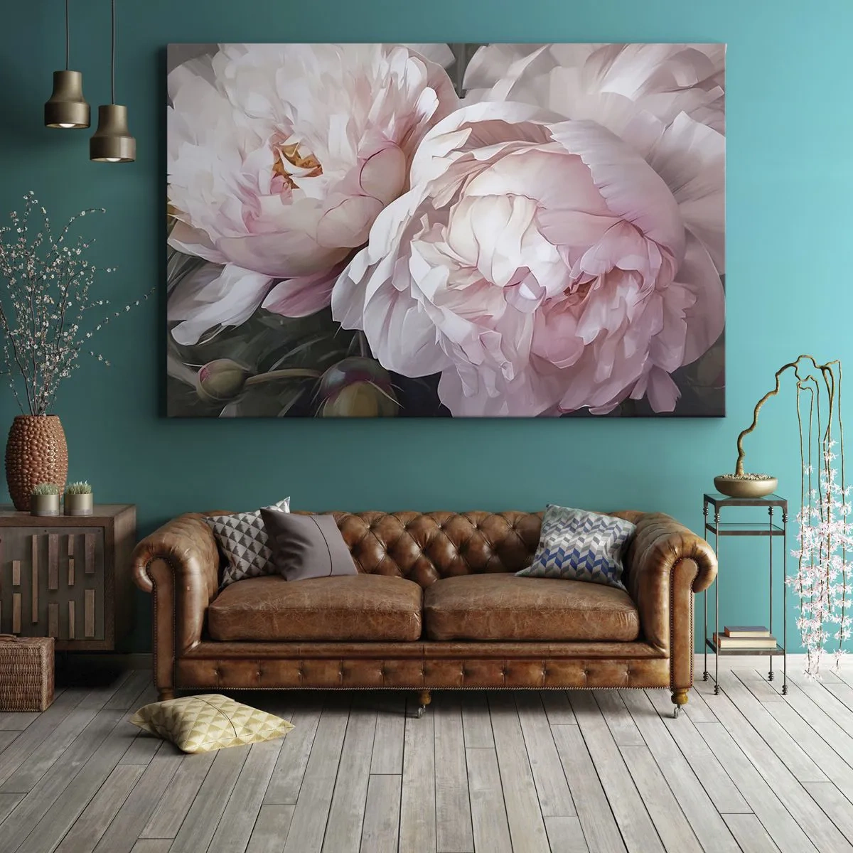 Cuadro sobre lienzo - Impresión de Imagen - Delicadas peonías rosas en plena floración. - 120x80cm - En flor - Decoración de pared moderna para salón y dormitorio ARTTOR