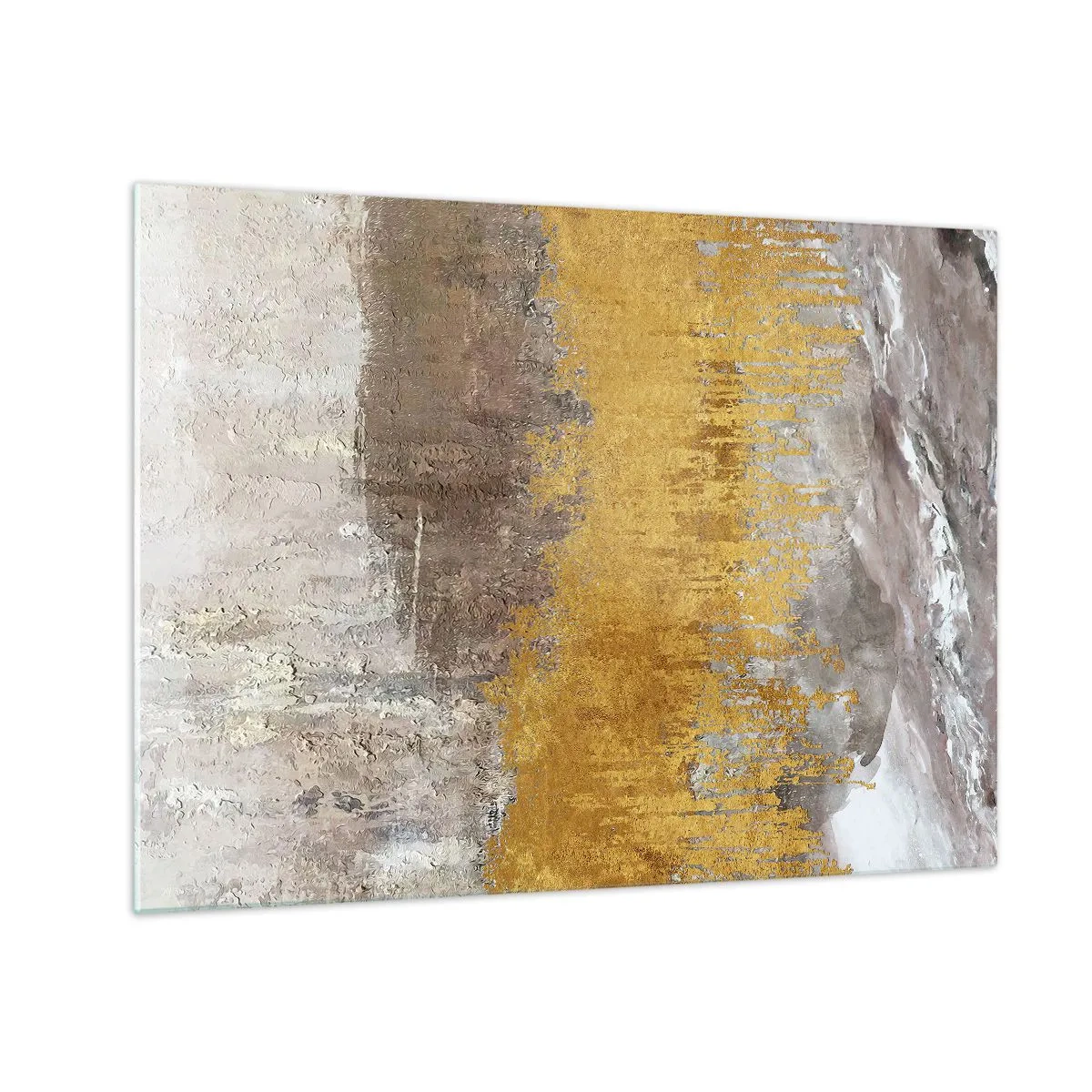 Cuadro sobre vidrio - Impresiones sobre Vidrio - Las estructuras doradas y terrosas crean una abstracción dinámica. - 70x50cm - Una ráfaga dorada - Decoración de pared moderna para salón y dormitorio ARTTOR
