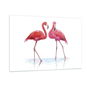 Cuadro sobre vidrio - Impresiones sobre Vidrio - Dos flamencos rosados de pie en el agua. - 120x80cm - Cita rosada - Decoración de pared moderna para salón y dormitorio ARTTOR