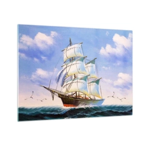 Cuadro sobre vidrio - Impresiones sobre Vidrio - Un velero en alta mar bajo un cielo azul. - 70x50cm - Orgulloso con el viento - Decoración de pared moderna para salón y dormitorio ARTTOR