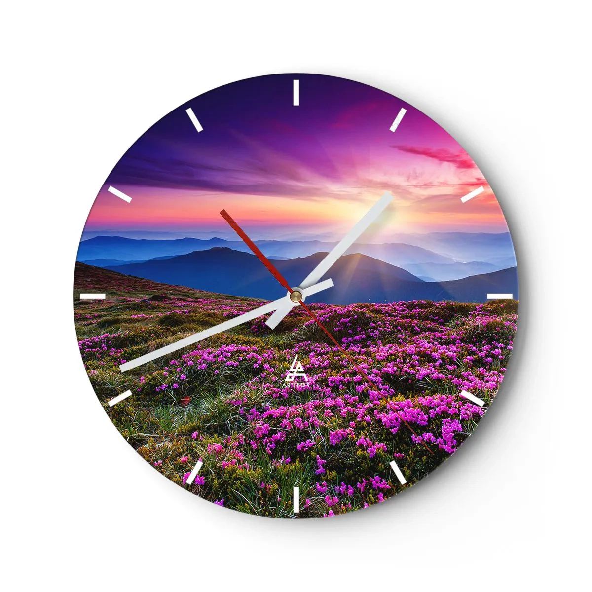 Reloj de pared - Reloj de vidrio - Paisaje de montaña con flores rosas en flor - 30x30cm - Dulce aroma a frescura - Decoración de pared moderna para salón, cocina y dormitorio ARTTOR