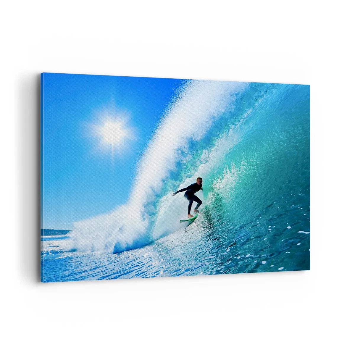 Cuadro sobre lienzo - Impresión de Imagen - Un surfista en una tabla se desliza dentro de una poderosa ola bajo un cielo azul. - 100x70cm - A través de la gran ola - Decoración de pared moderna para salón y dormitorio ARTTOR