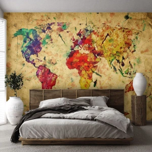 Fotomural Premium Canvas - Una interpretación colorida y artística del mapa del mundo. - 100x70cm - El mundo en papel - Decoración de pared moderna para salón y dormitorio ARTTOR