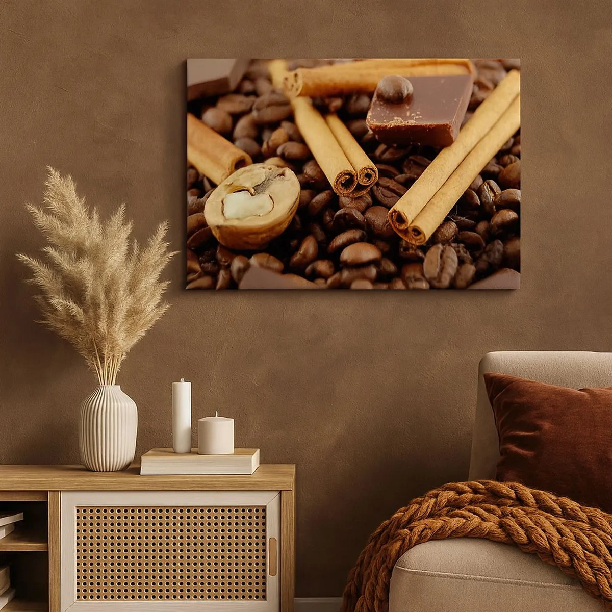 Cuadro sobre lienzo - Impresión de Imagen - Granos de café con ramas de canela, chocolate y nueces. - 70x50cm - Concierto de aromas - Decoración de pared moderna para salón y dormitorio ARTTOR