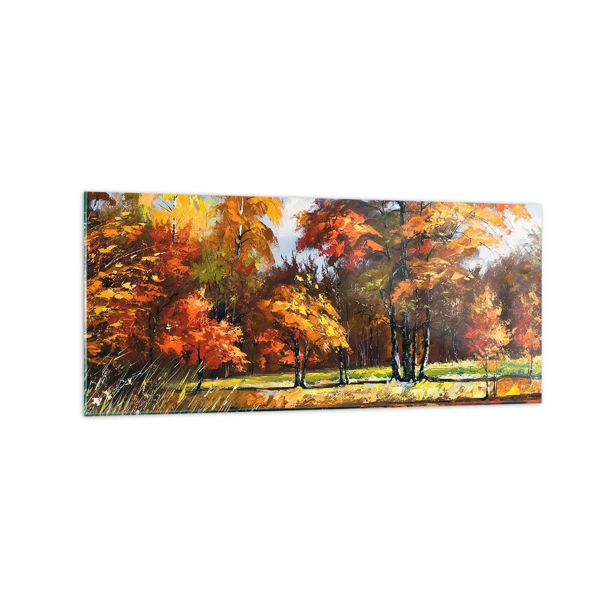 Cuadro sobre vidrio - Impresiones sobre Vidrio - Paisaje otoñal con árboles coloridos y un estanque. - 120x50cm - Paisaje en dorado y marrón - Decoración de pared moderna para salón y dormitorio ARTTOR