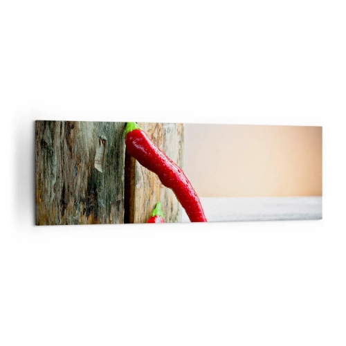 Cuadro sobre lienzo - Impresión de Imagen - Dos chiles rojos sobre un fondo de madera con acento rústico. - 160x50cm - Pimientos rojos picantes - Decoración de pared moderna para salón y dormitorio ARTTOR