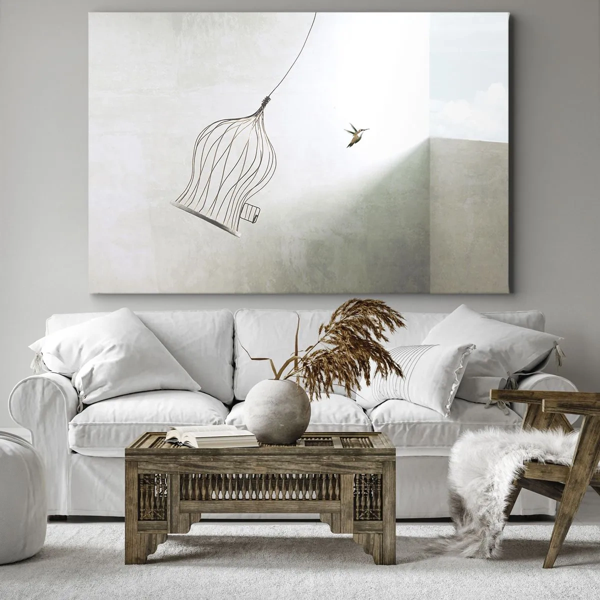 Cuadro sobre lienzo - Impresión de Imagen - Un pájaro liberado de una jaula con el cielo brillante como telón de fondo. - 70x50cm - Aquí debo estar - Decoración de pared moderna para salón y dormitorio ARTTOR